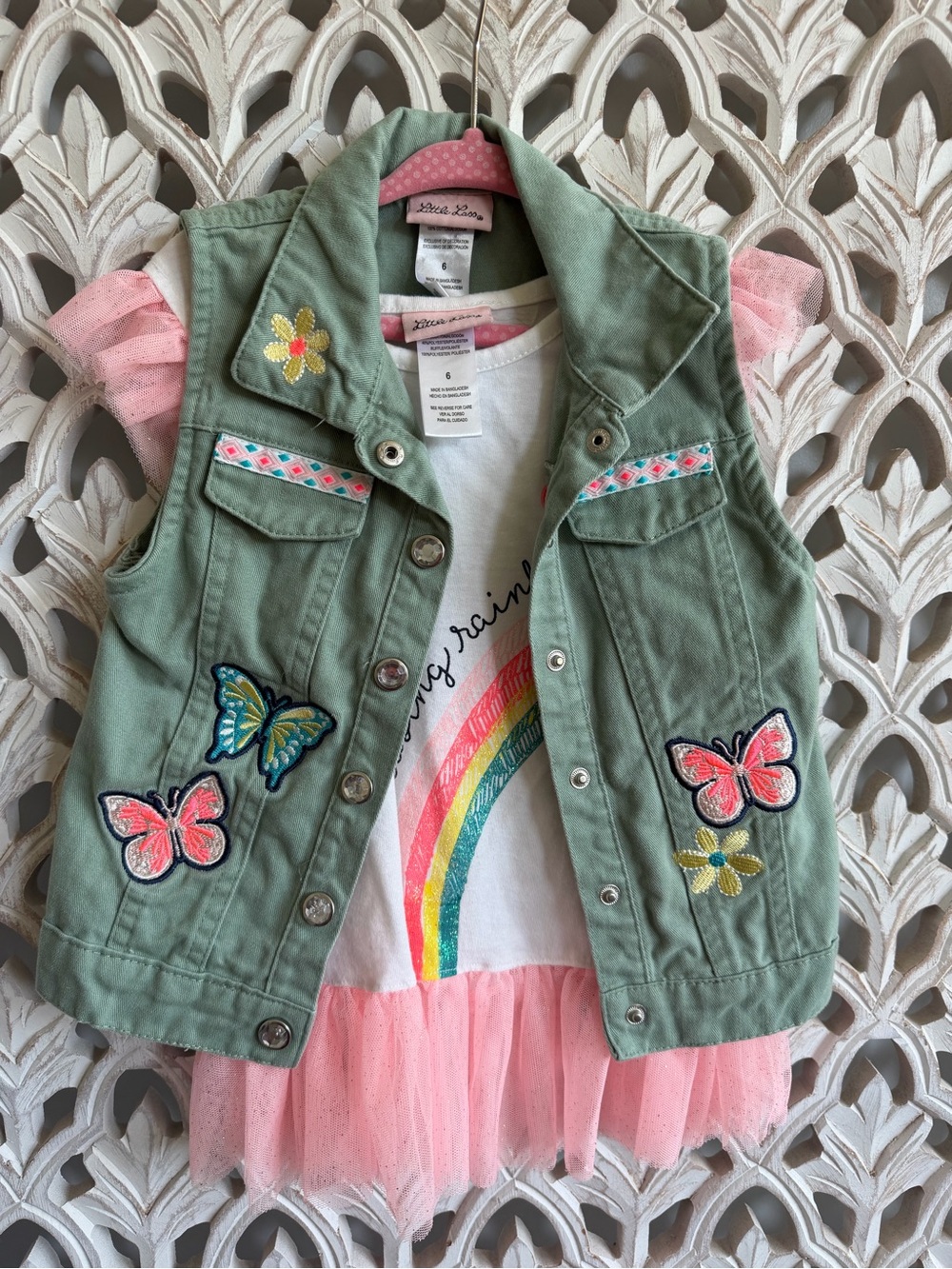 Little Lass Girls Size 6 Rainbow Tulle Top & Butterfly Vest Set
